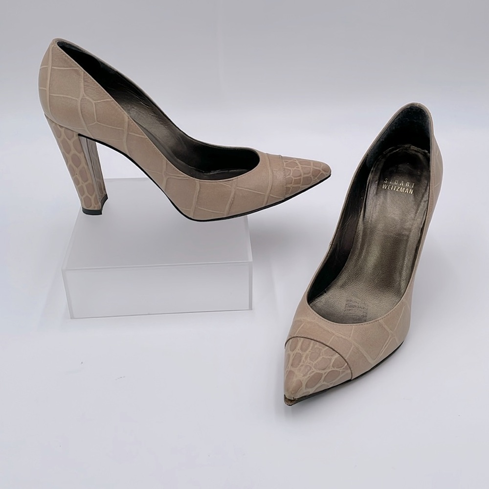 Stuart Weitzman Alligator Embossed Leather Chunky Heels‎ Pumps - 8.5